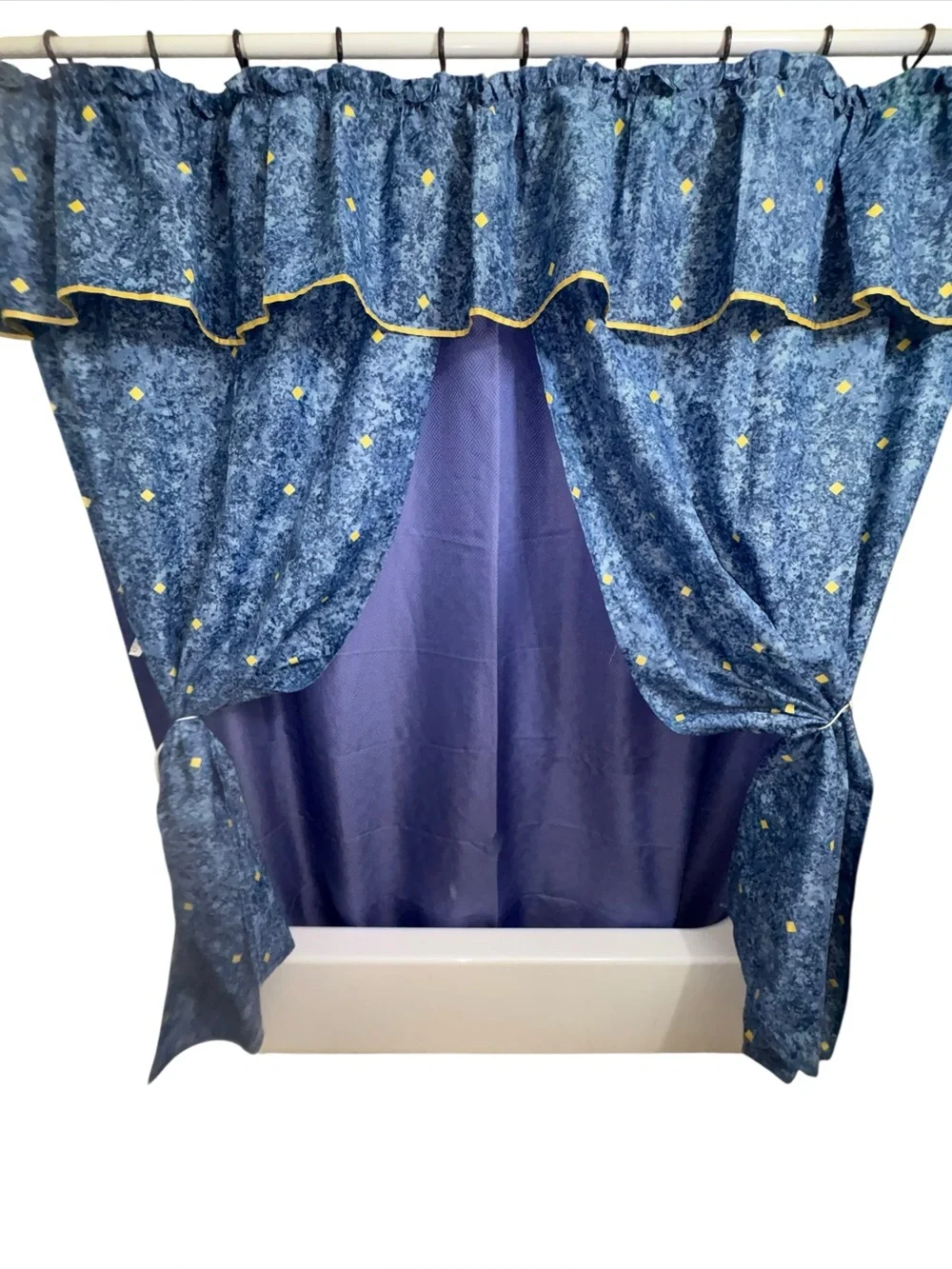Excell Fabric Shower Bath Curtain Y2K Celestial Blue Gold Diamond *No side ties*